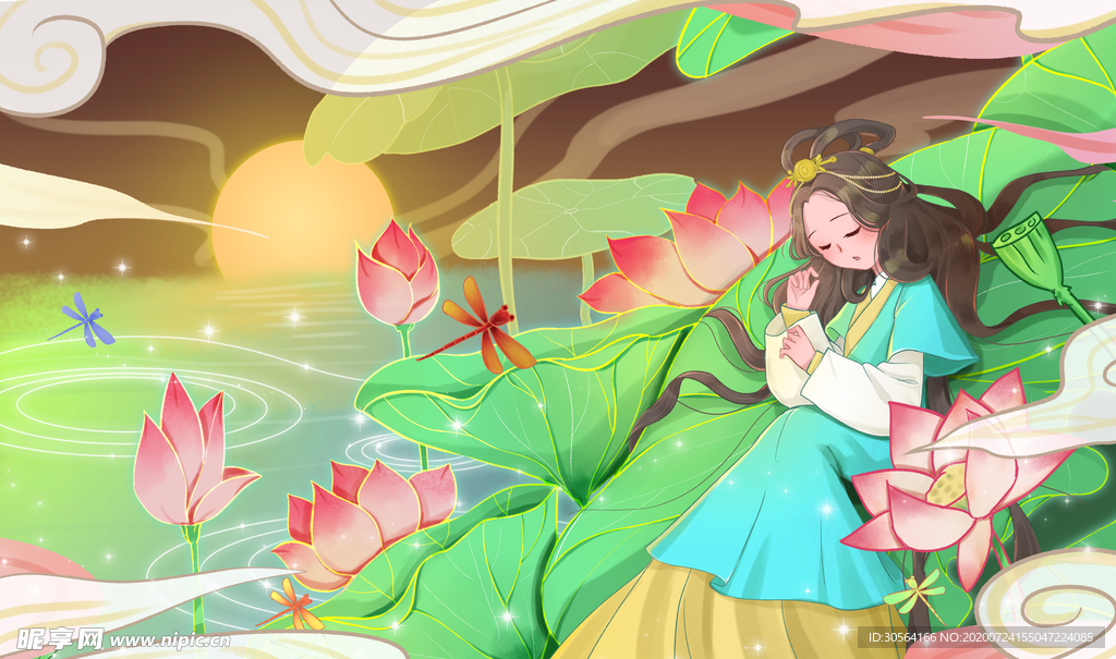 人物女性清新国风插画背景素材