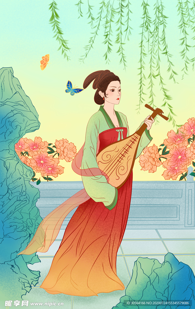 人物琵琶清新国风插画背景素材