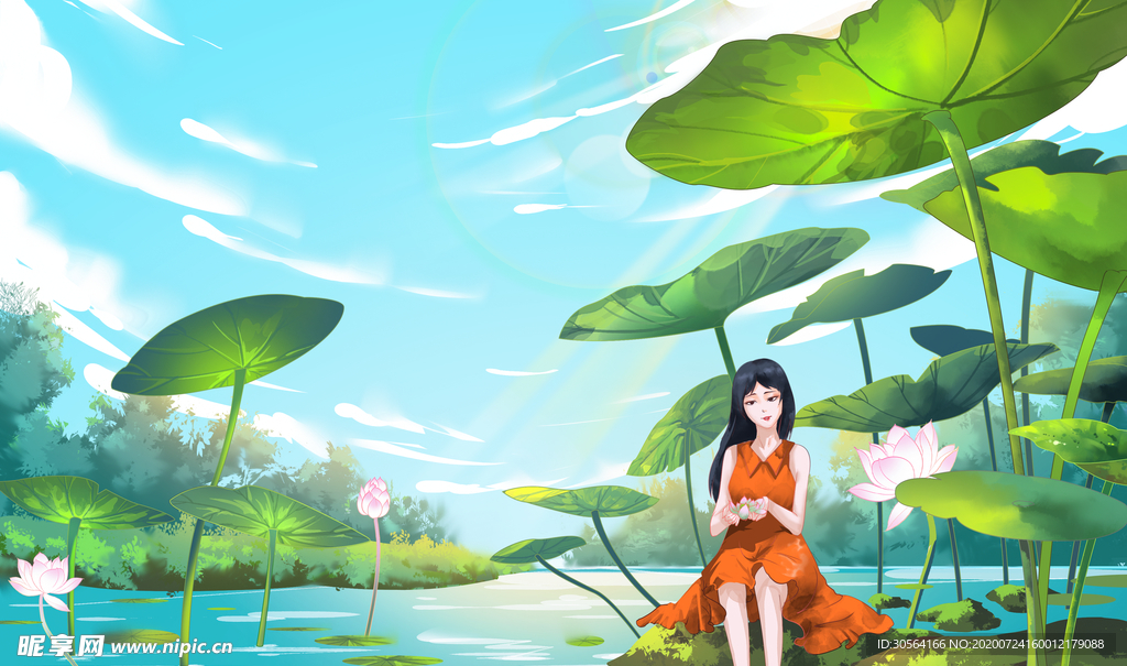 夏季人物清新国风插画背景素材