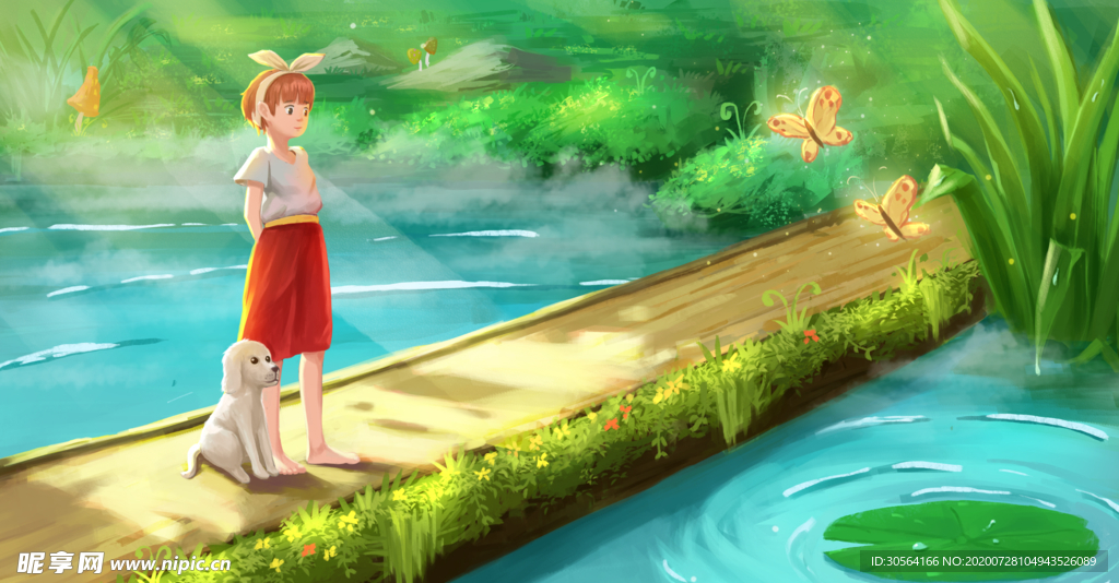 人物少女池塘插画卡通背景素材