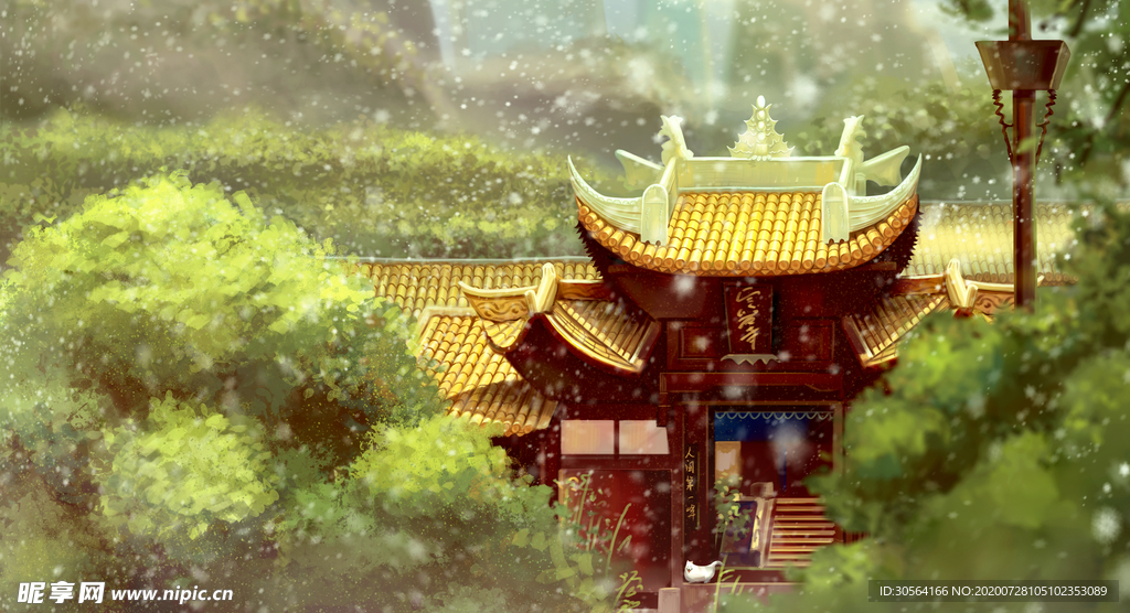 凉亭古风复古插画清新背景素材