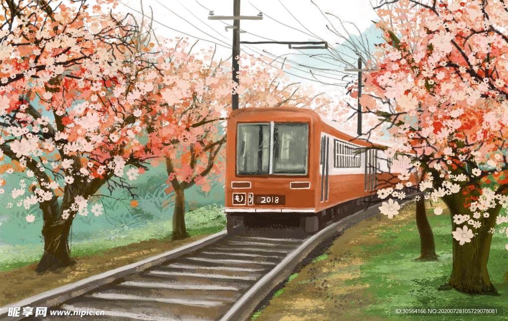 火车花林插画清新背景素材