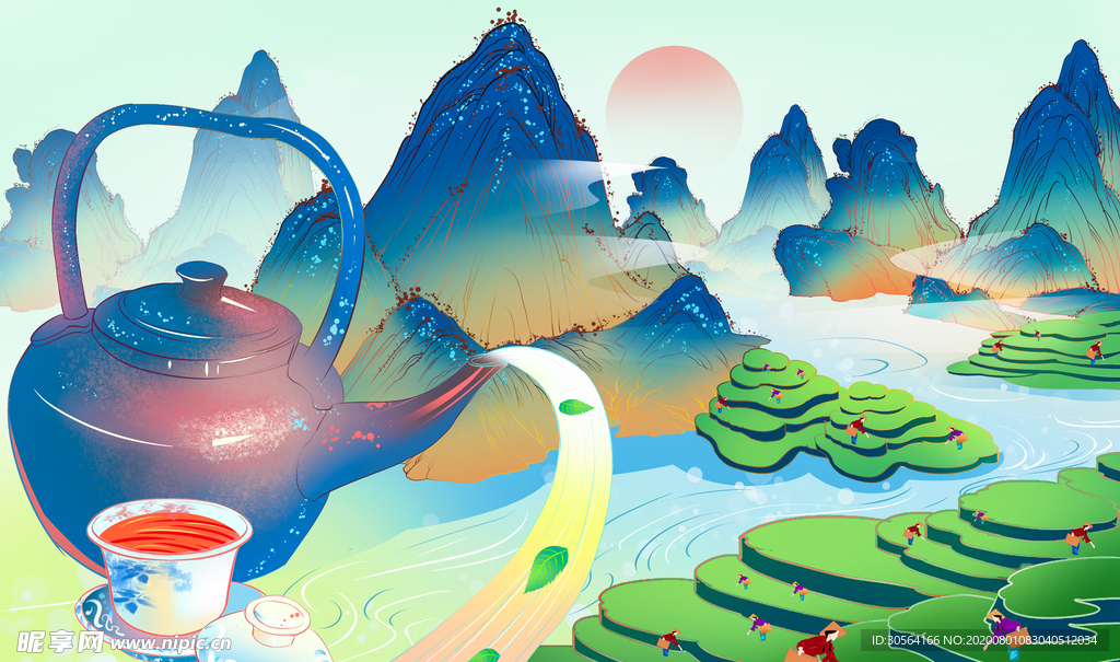 采茶茶叶复古插画卡通海报素材