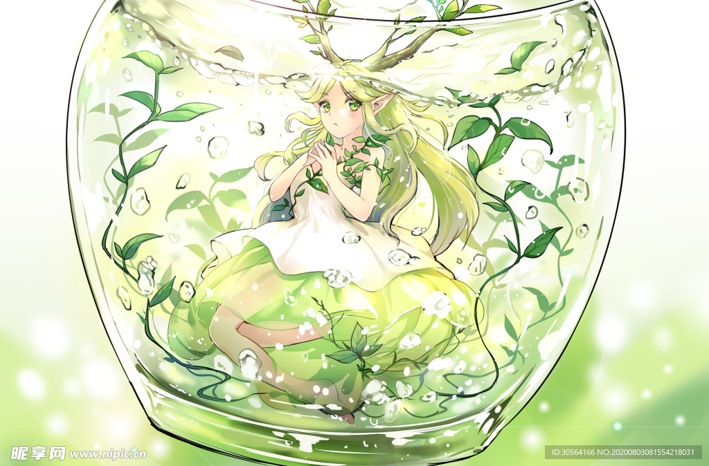 瓶中人物插画卡通清新海报素材