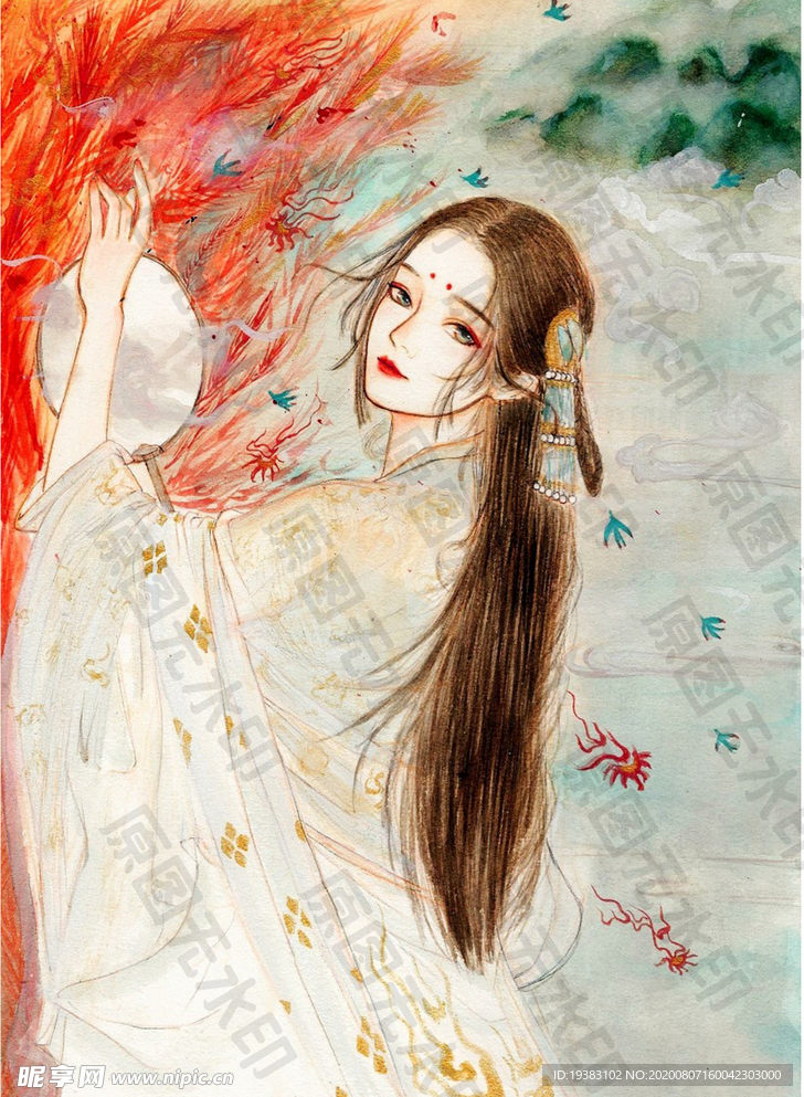 古风水彩纸扇美女