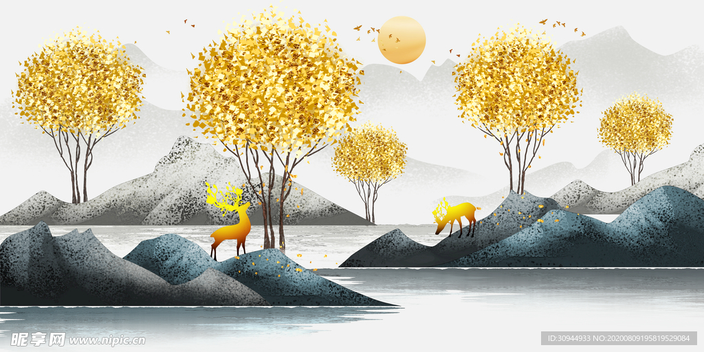 山水麋鹿装饰画