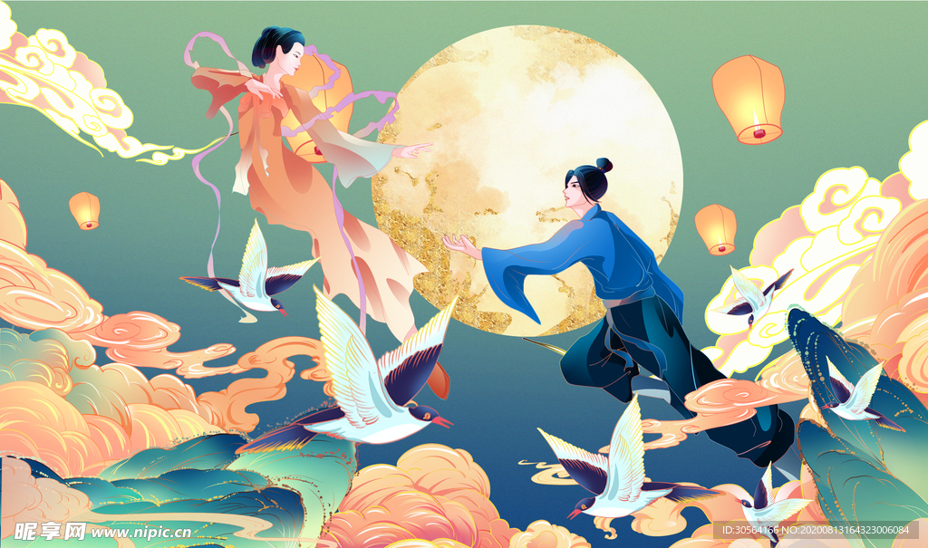 七夕人物传统国风合成海报素材