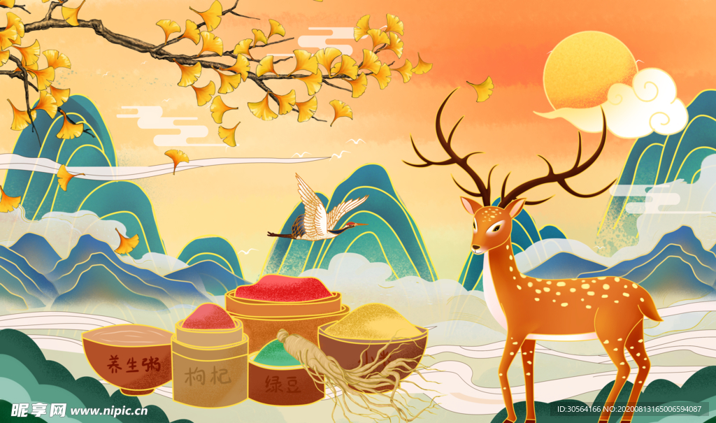 梅花鹿食物国风合成海报素材