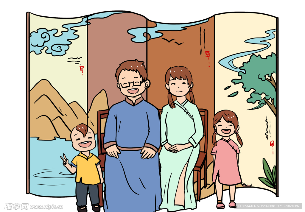 家人合影插画卡通背景海报素材