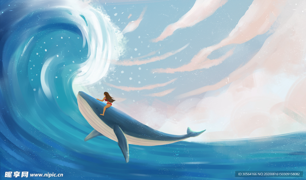 大海人物少女插画合成背景素材