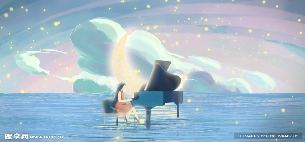 海面人物少女插画合成背景素材