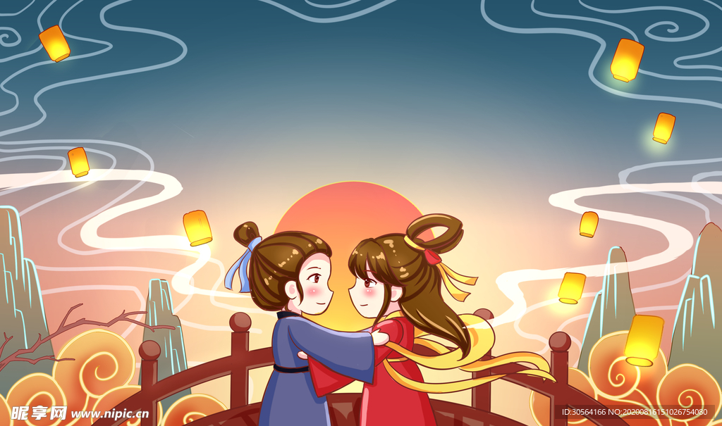 七夕情侣人物插画合成背景素材