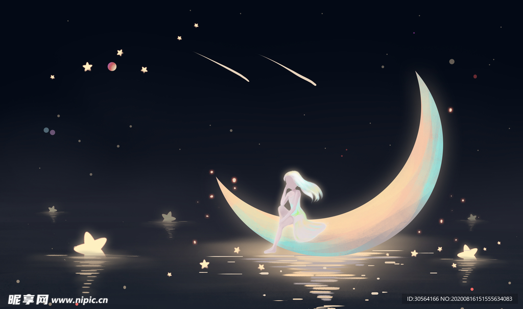 夜晚月亮人物插画合成背景素材