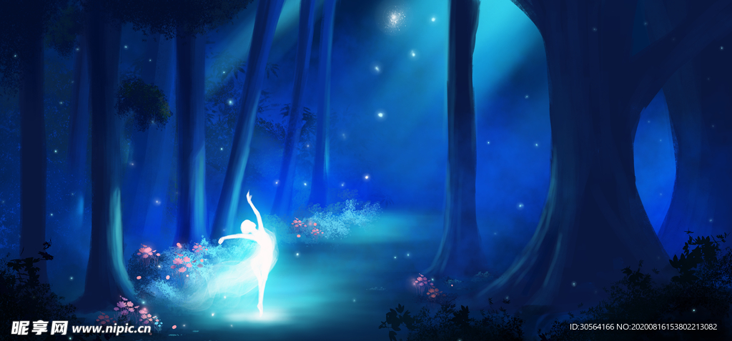 夜晚森林人物插画合成背景素材