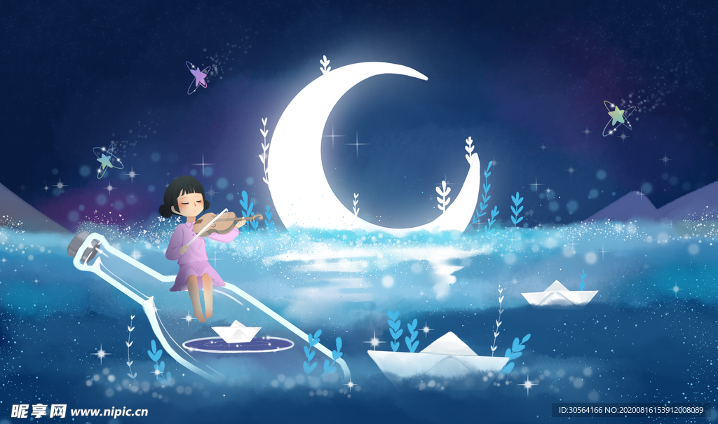 夜晚人物玻璃瓶插画合成背景素材