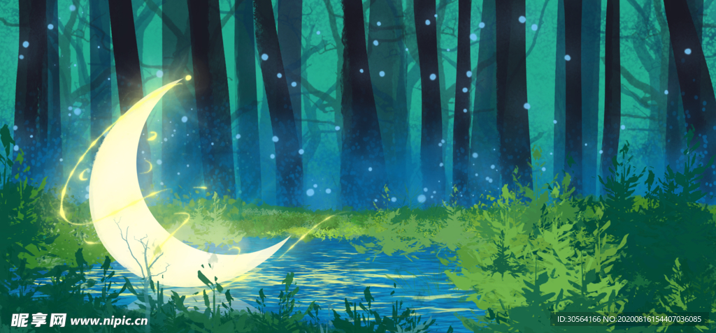 夜晚月亮森林插画合成背景素材
