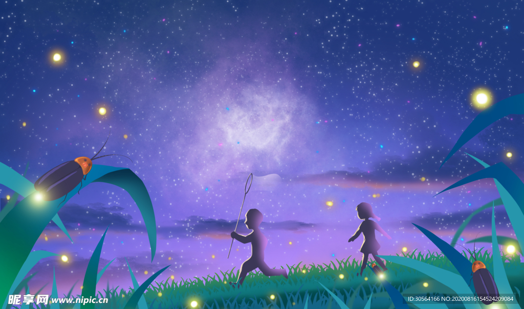 夏季夜空人物插画合成背景素材