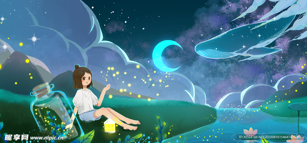 夏季夜空人物插画合成背景素材