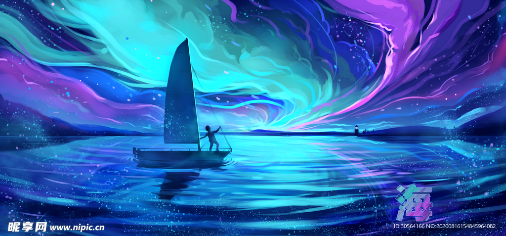 夜晚航海人物插画合成背景素材