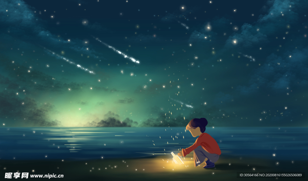 夜晚人物小女孩插画合成背景素材