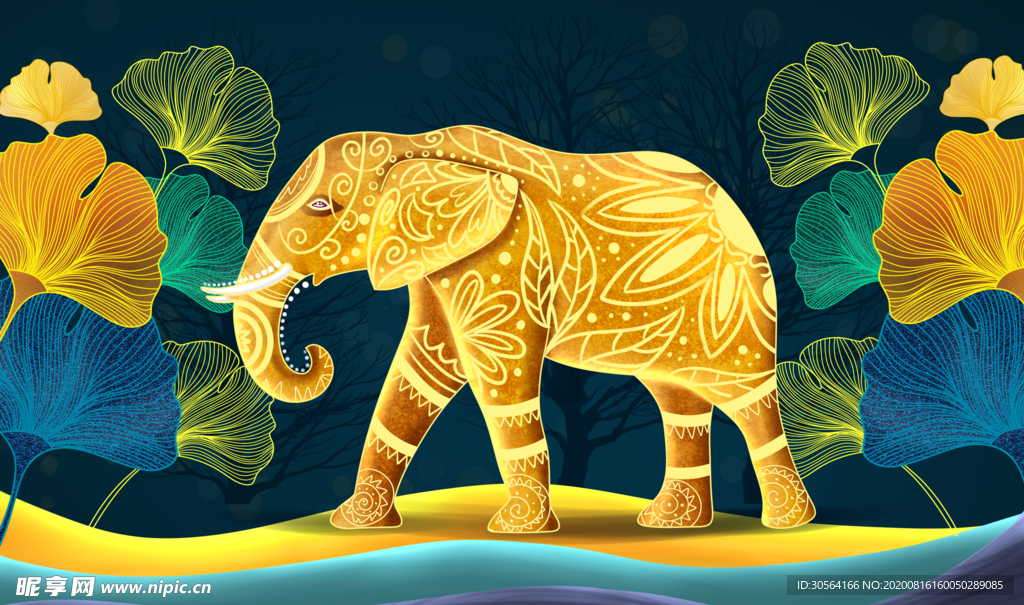 大象国风插画卡通背景素材