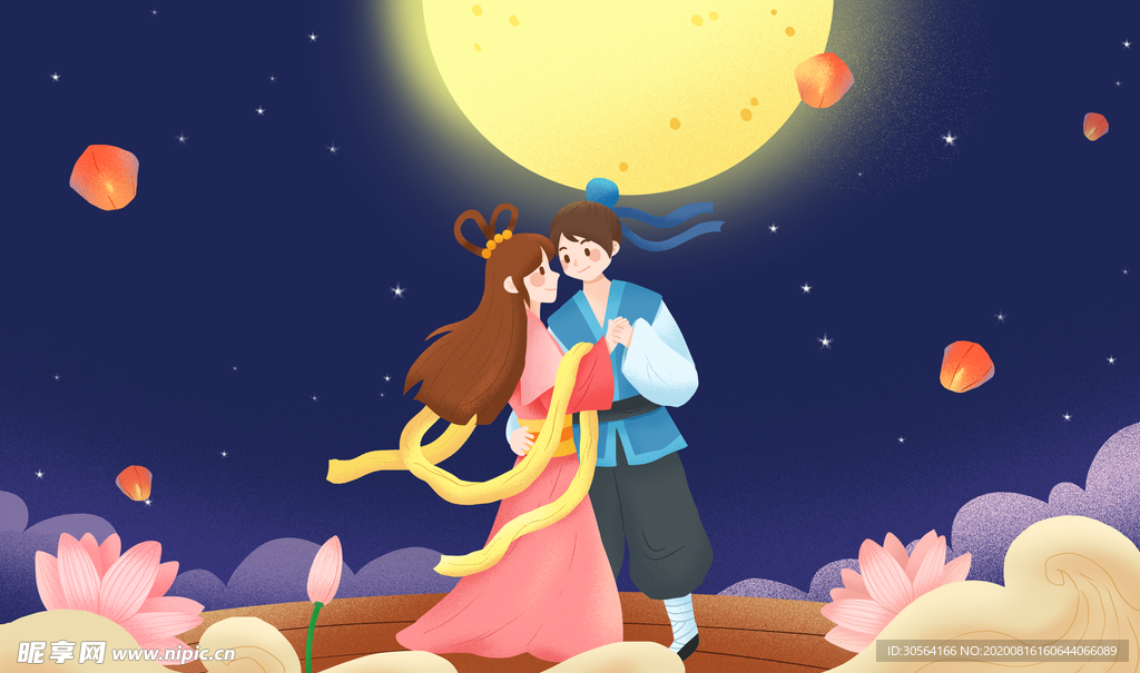 七夕人物复古插画卡通背景素材