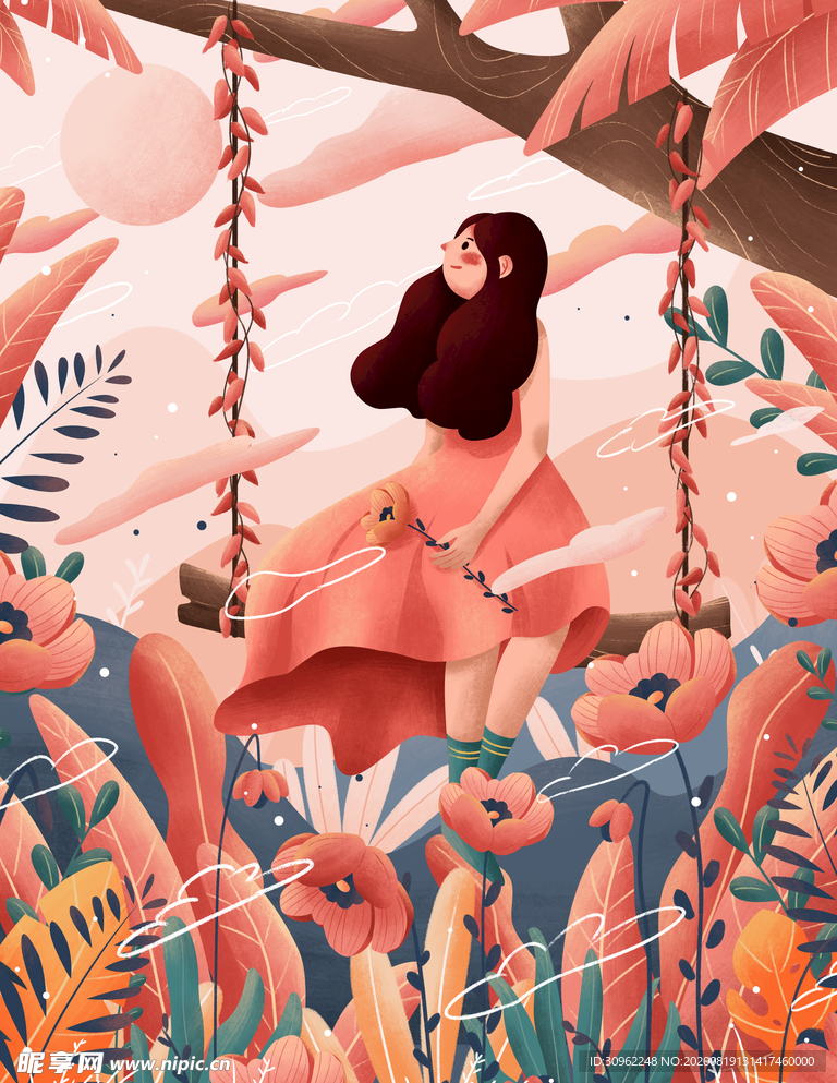 糖果色秋千上的少女 插画