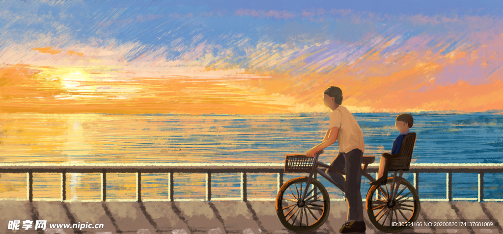 父子海边自行车插画合成海报素材