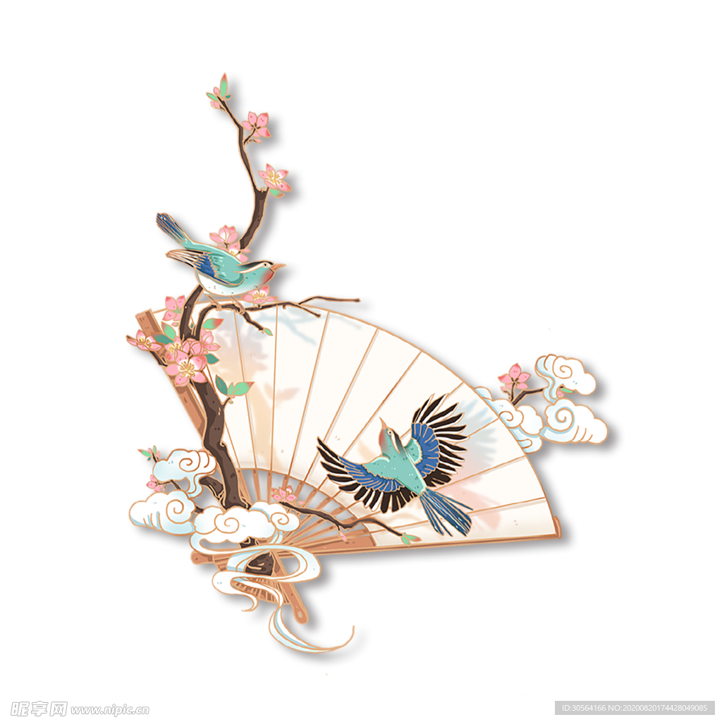 喜鹊扇子国风合成海报素材