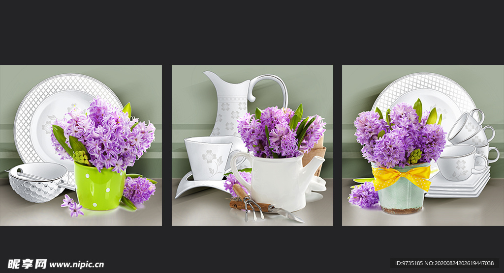 薰衣草鲜花插花餐具静物装饰画