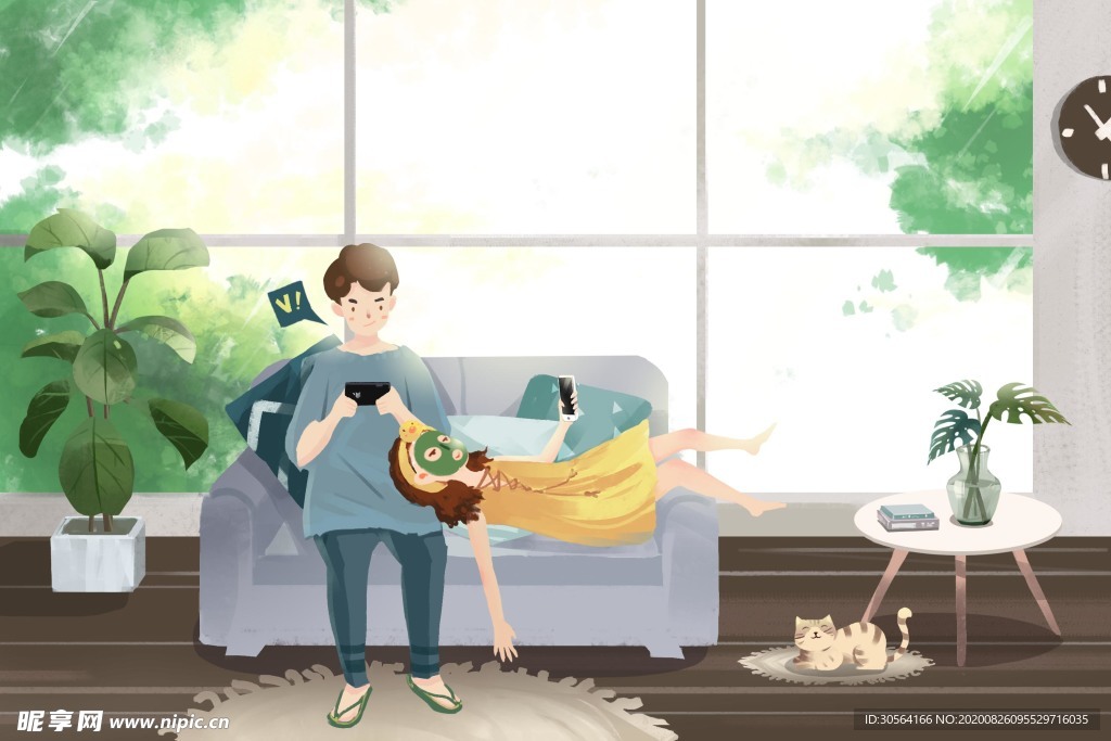 居家人物插画卡通清新背景素材