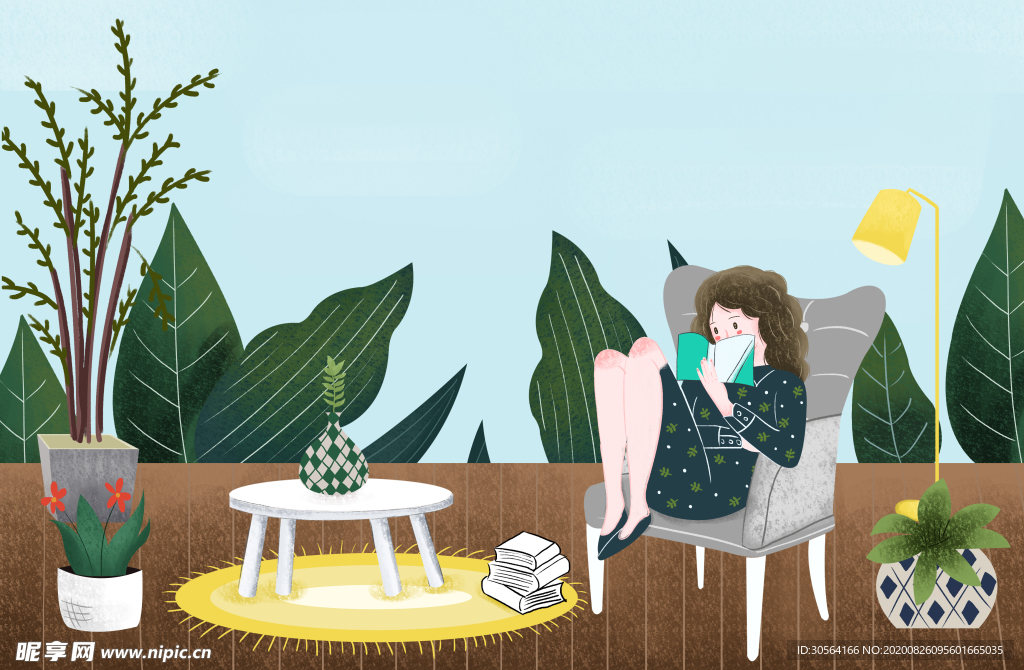 居家人物插画卡通清新背景素材