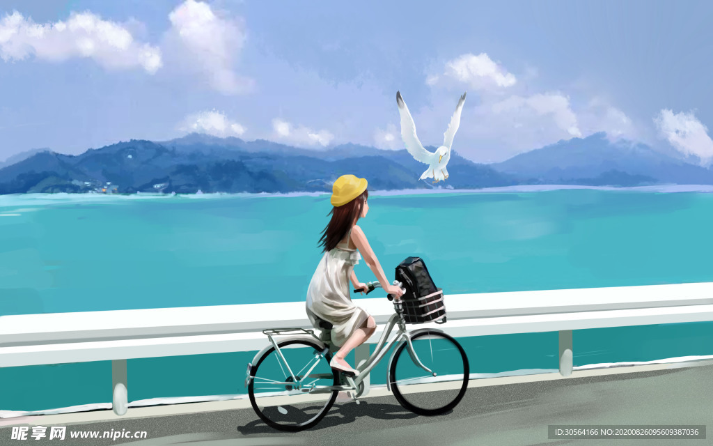 骑车人物插画卡通清新背景素材