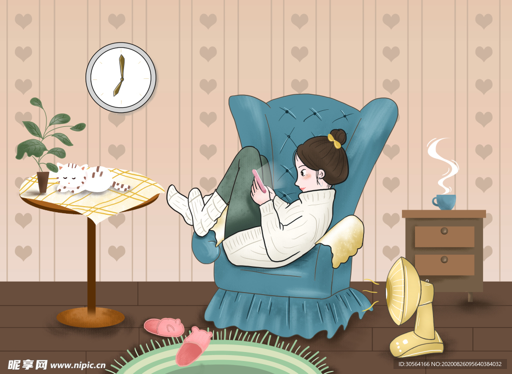 居家人物沙发插画卡通海报素材