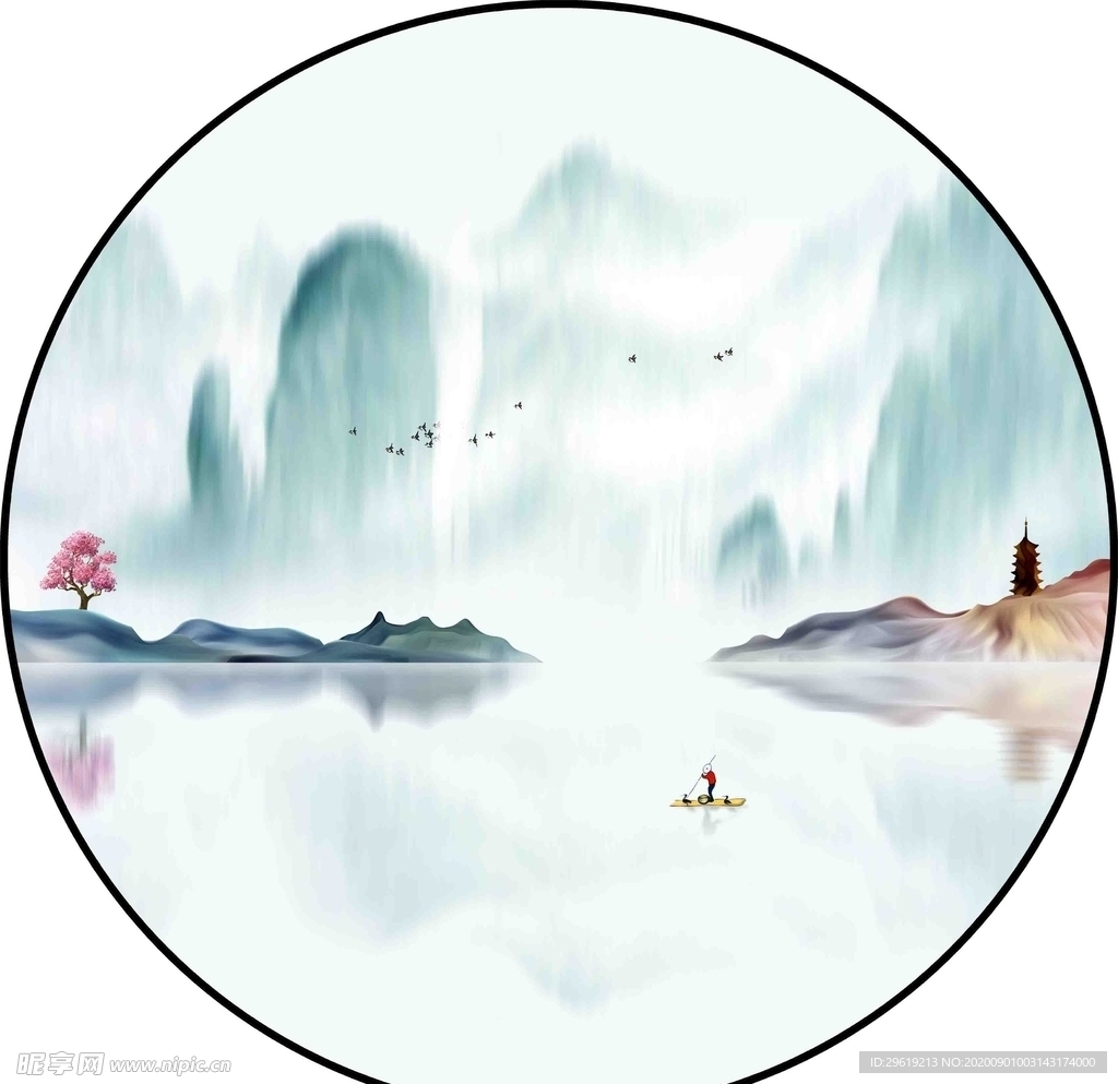 新中式意境水墨烟波山水小船装饰