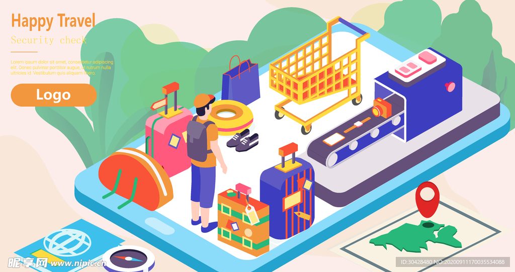 旅客通过安全检查2.5d矢量插
