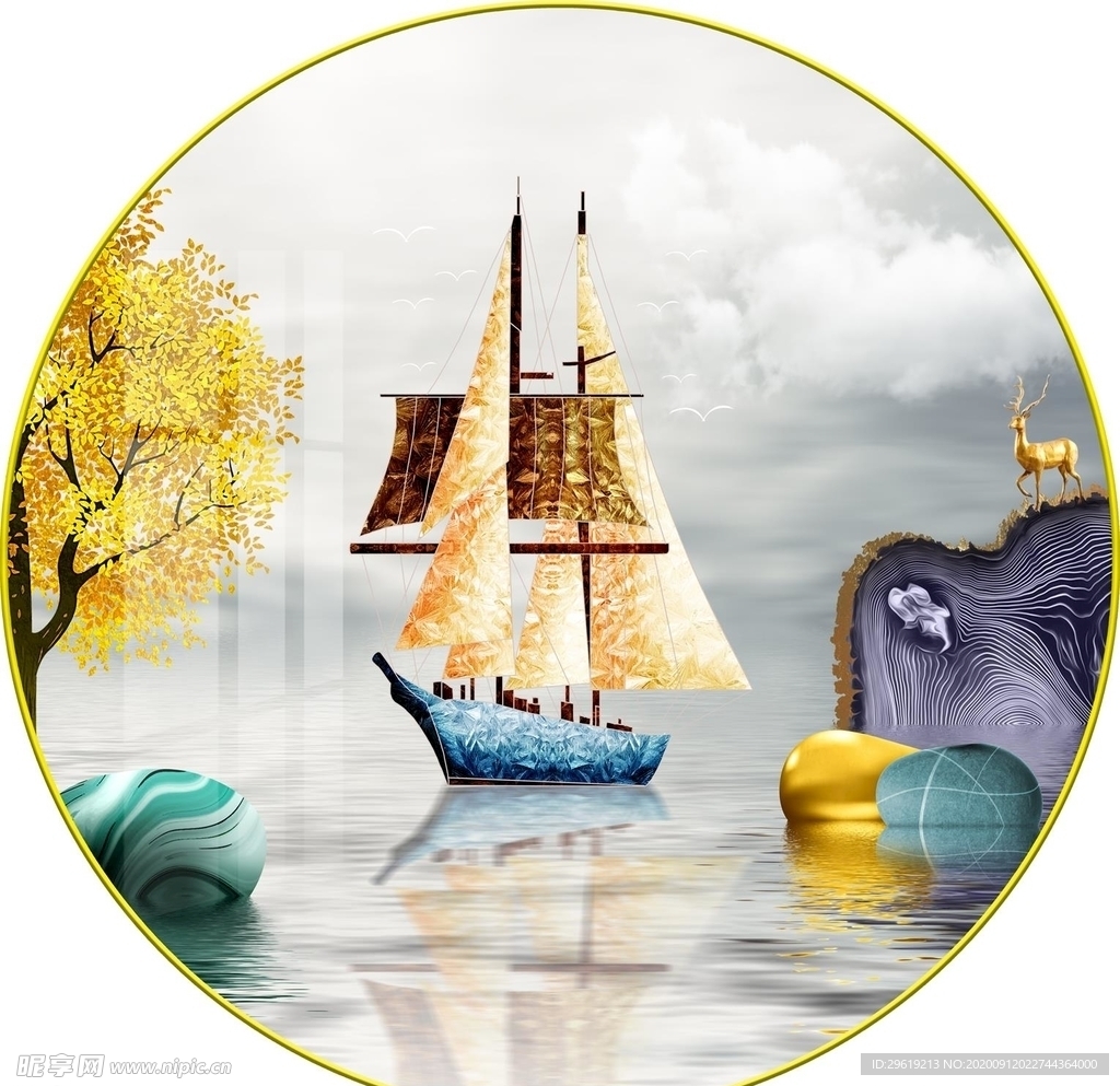 石来运转麋鹿山水圆形装饰画图片