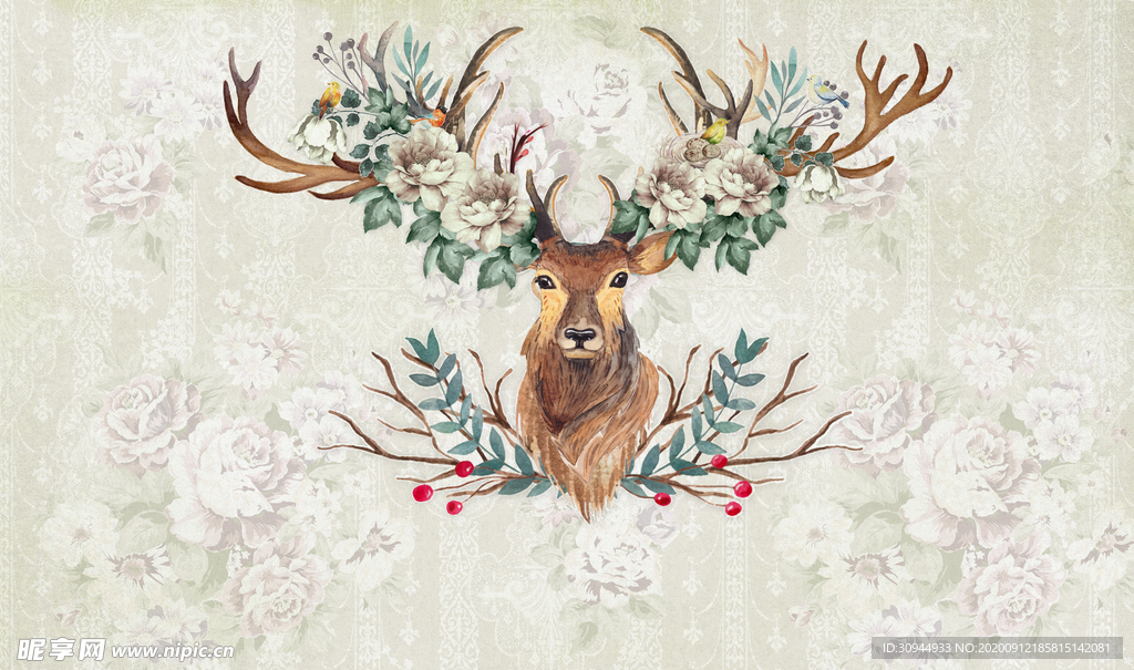 简约鹿头花卉背景墙