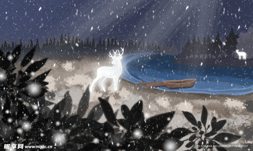 冬季湖面下雪插画卡通背景素材