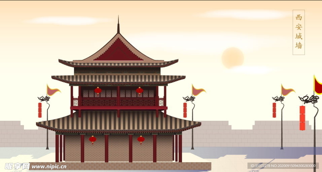 手绘古代建筑图片