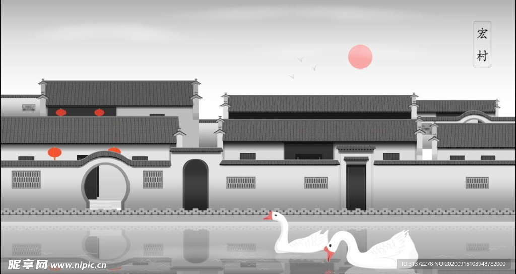 手绘古代建筑图片