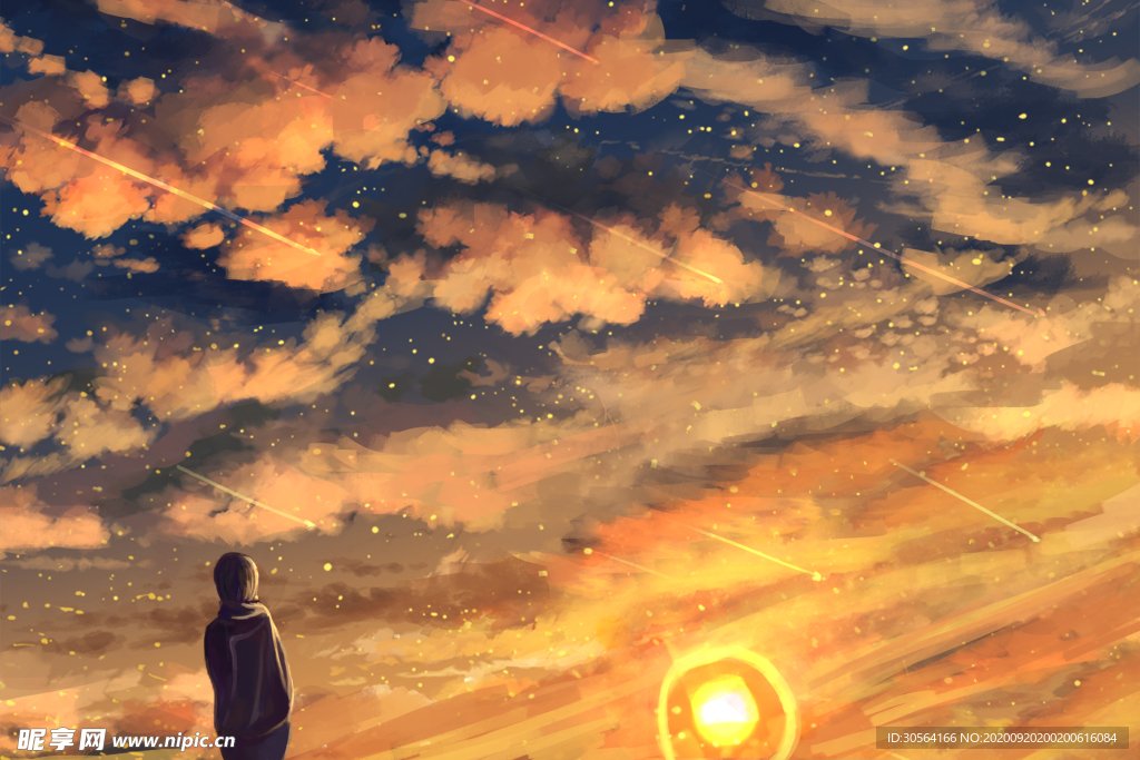 云朵天空人物日落卡通背景素材