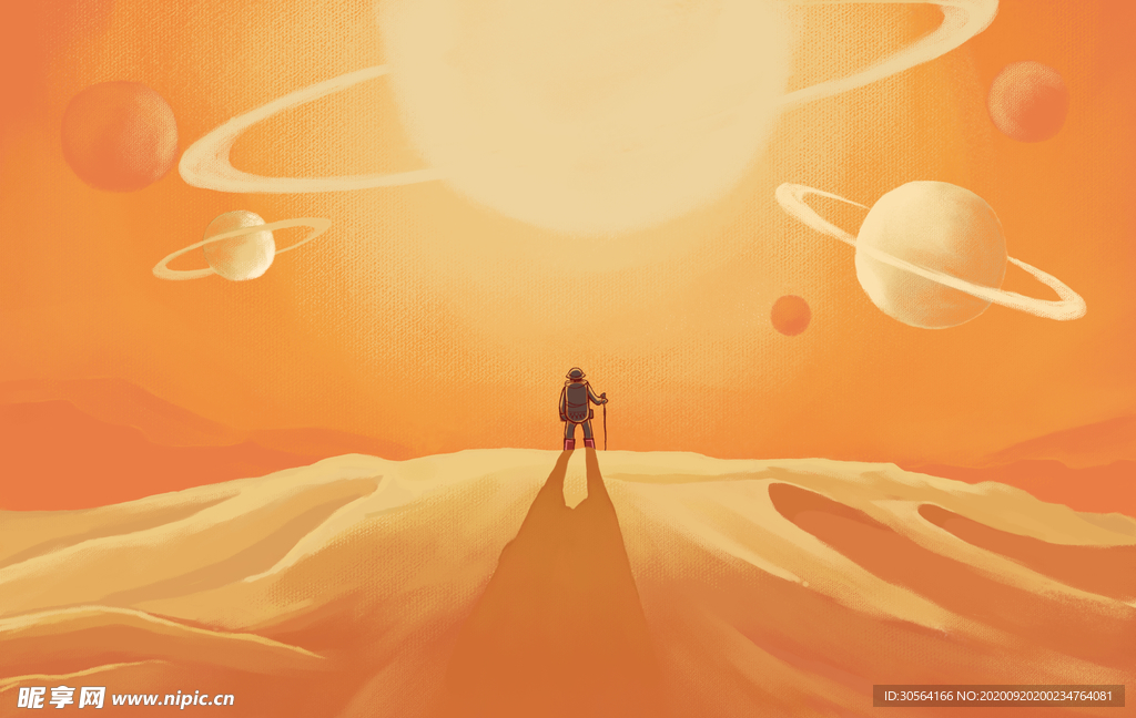 星球黄色渐变人物线条背景素材