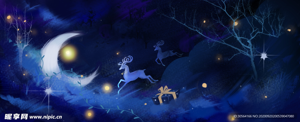 月亮小鹿奔跑插画卡通背景素材