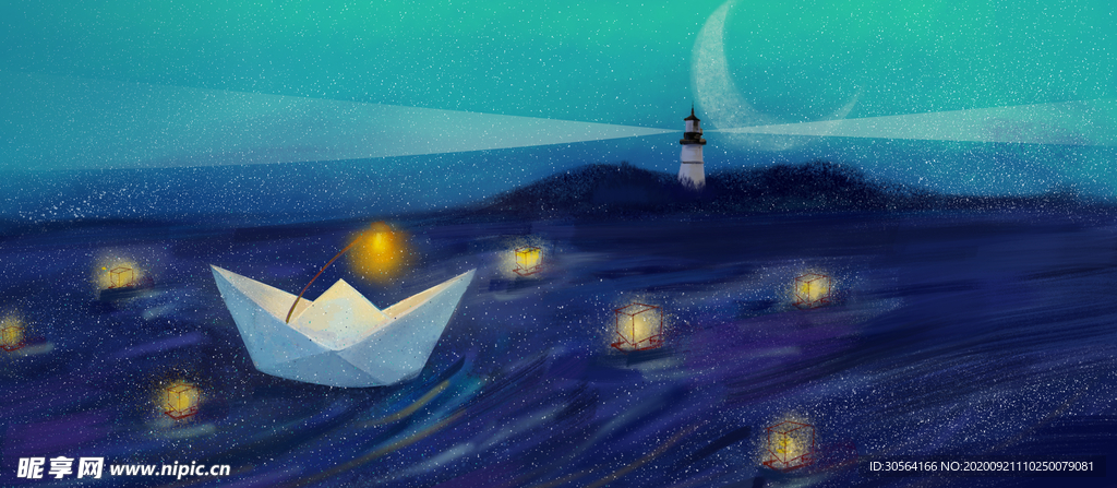 小船海洋插画卡通背景素材