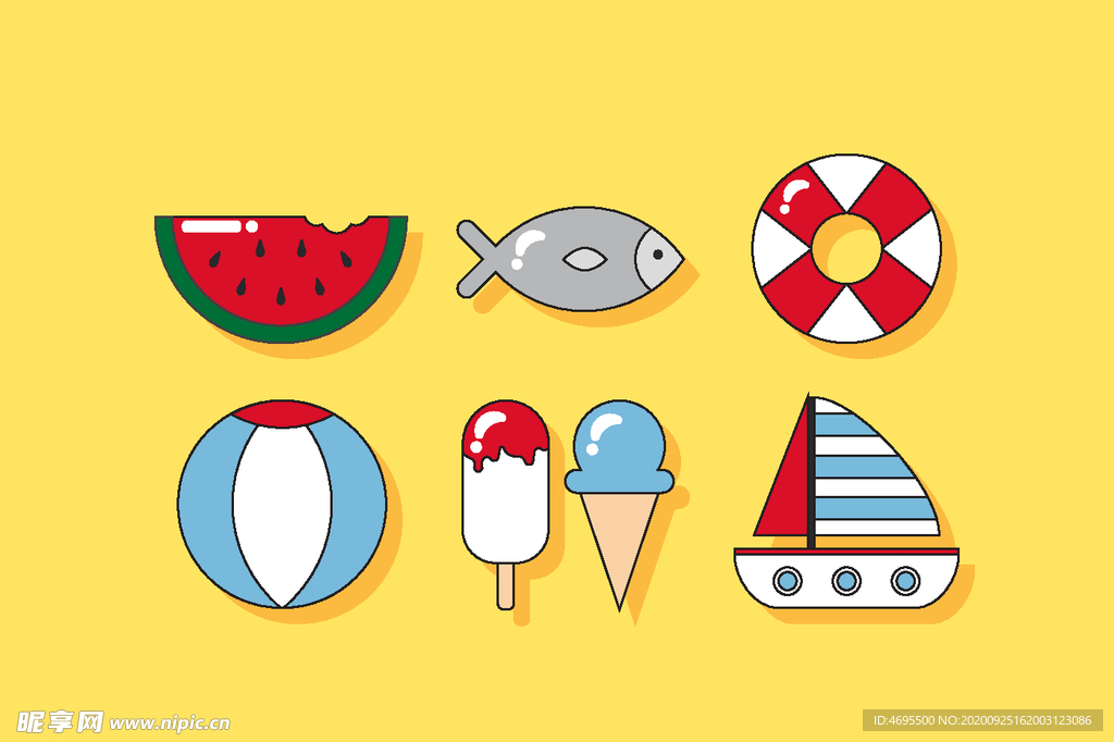 卡通西瓜 鱼 皮球 雪糕 船