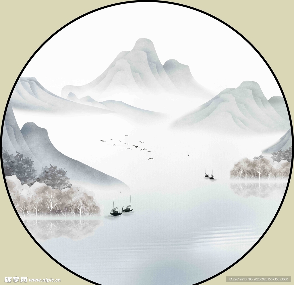 新中式意境山水圆形装饰画