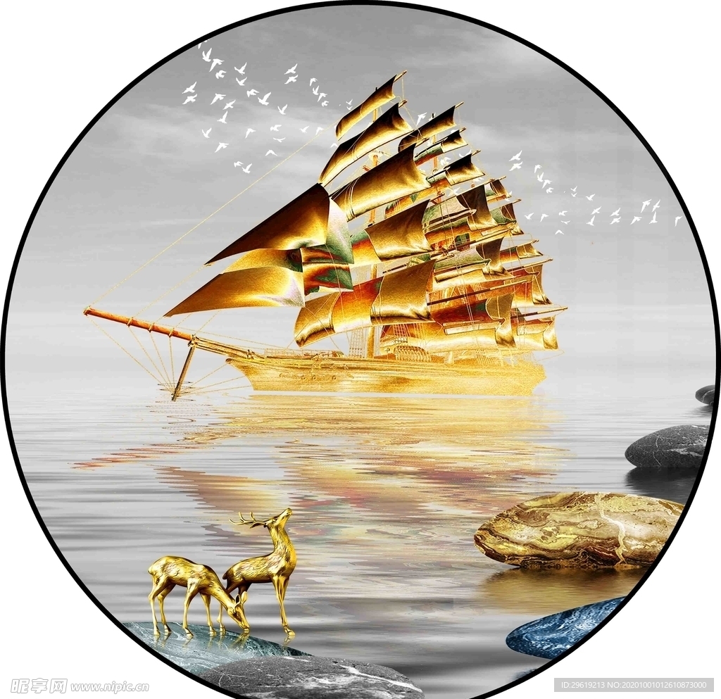 轻奢帆船装饰画图片