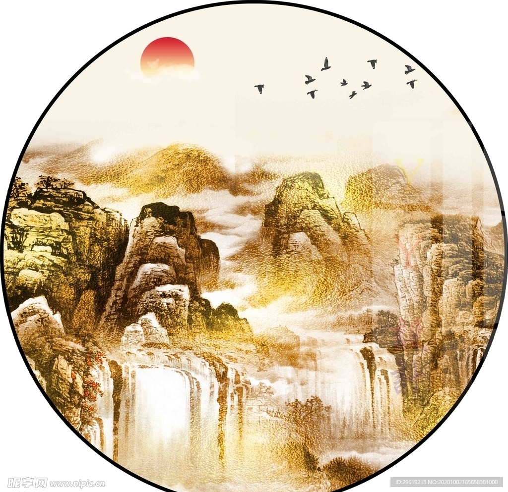 新中式圆形山水画花鸟装饰画挂画