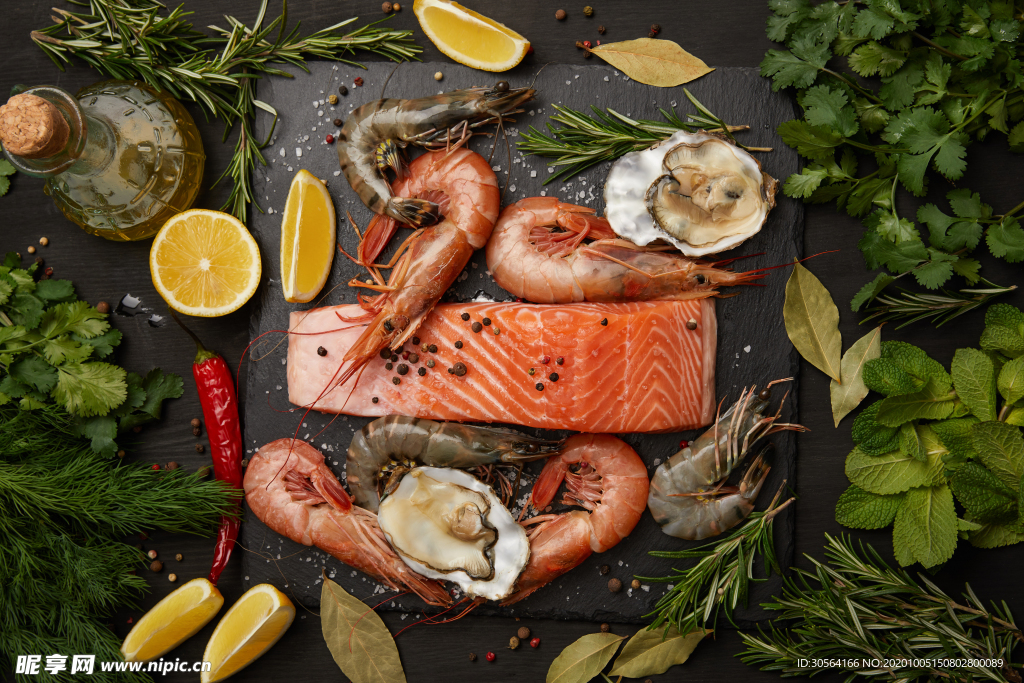 三文鱼大虾美食背景海报素材